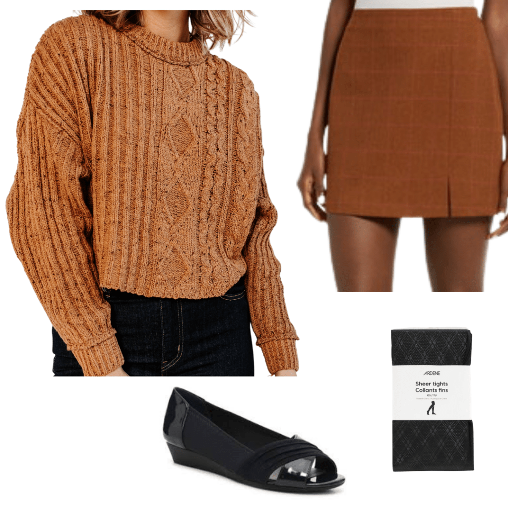 Dark Academia outfit with cable-knit sweater, pumps, tights and mini-skirt.