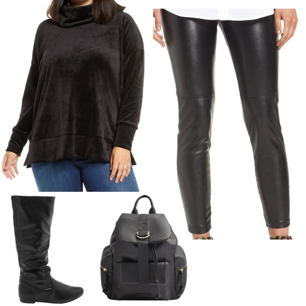 Dark Academia all black outfit with boots, blouse, leggings and back pack.