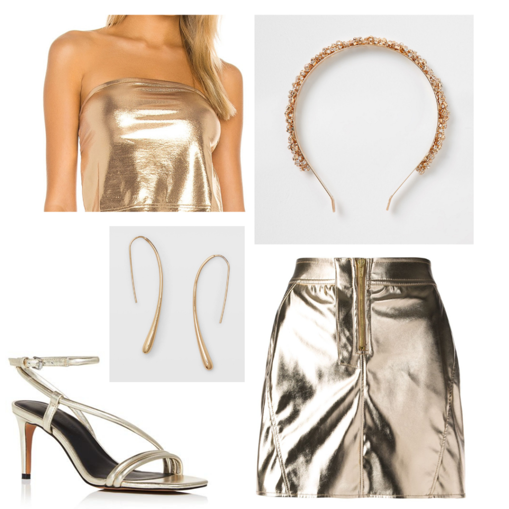 Ariana Grande god is a woman outfit - gold tube top and skirt, gold sandals, gold jewelry