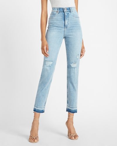 Express Super High Waist Ripped Release Hem Straight Jeans