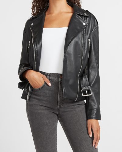 Express Vegan Leather Belted Drop Shoulder Jacket