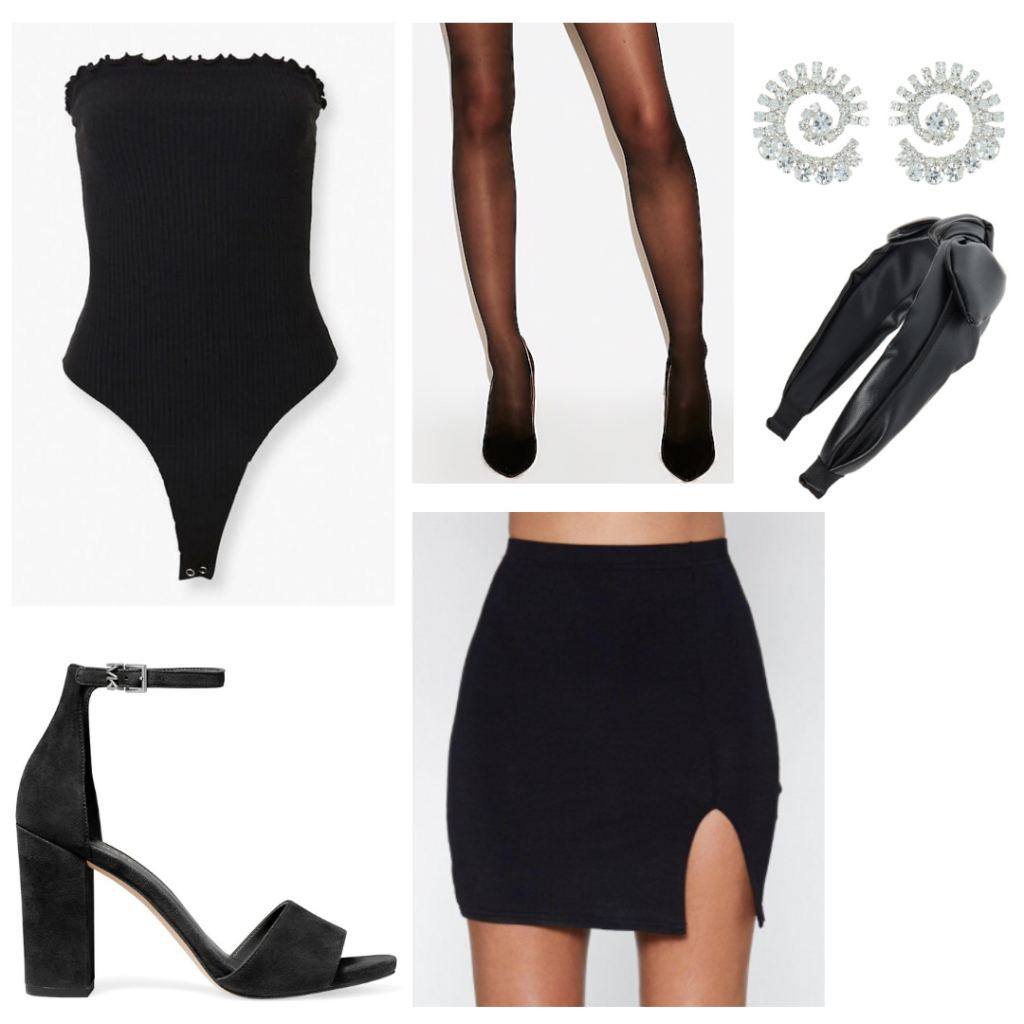 Ariana Grande positions music video outfit: Black mini skirt, bodysuit, tights, wrap headband, strappy heels, diamond earrings