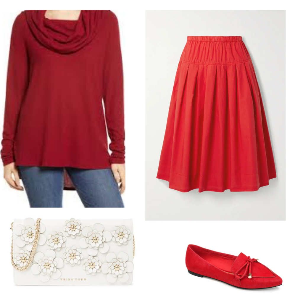 Romantic academia outfit with red skirt and sweater, red loafers