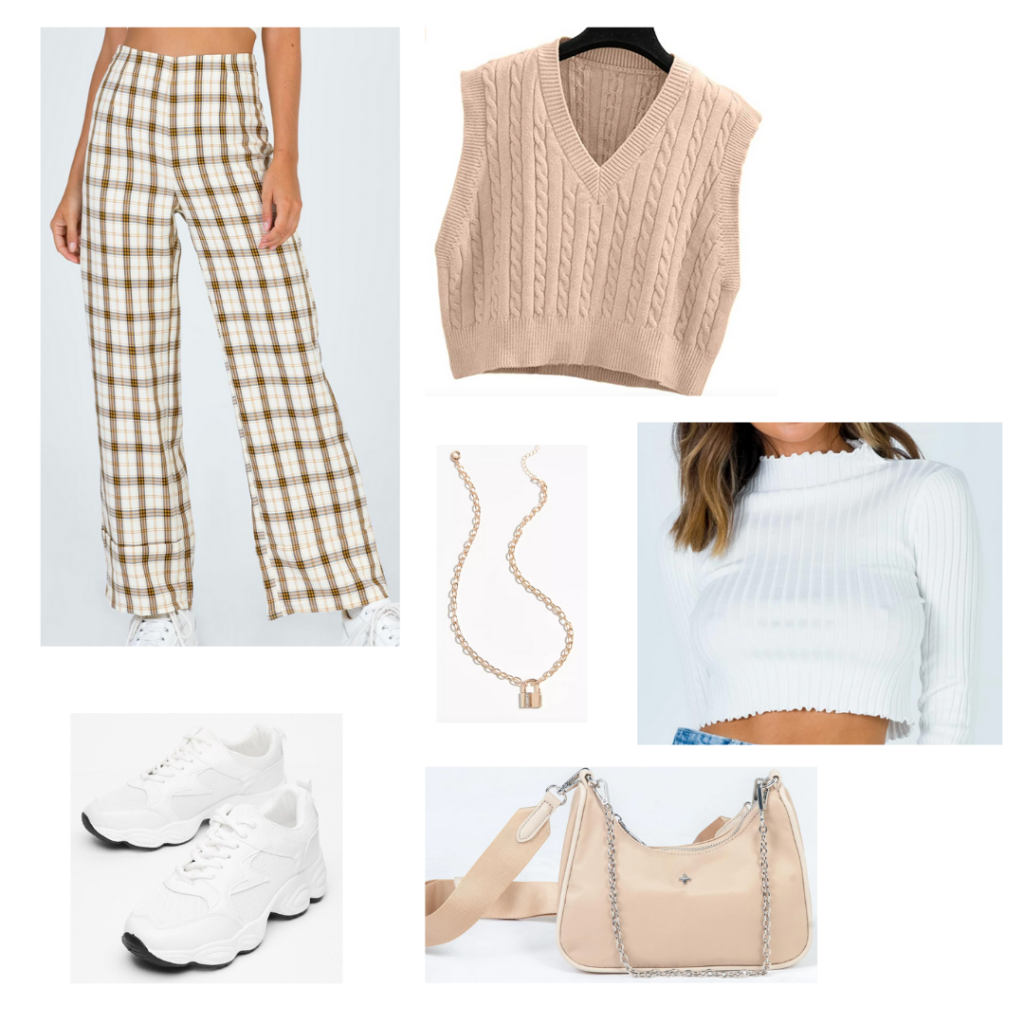 Sweater Vest Outfit 3: cropped cream sweater vest, tan plaid trousers, white cropped long sleeve, white sneakers, blush shoulder bag, gold jewelry