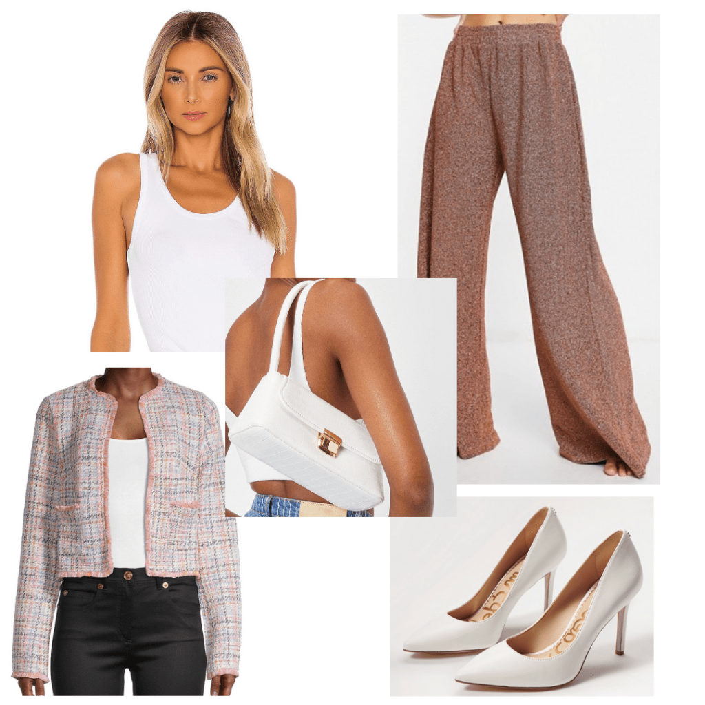 Ginny and Georgia fashion: Outfit inspired by Georgia's work outfit with tweed jacket, white pumps, wide leg jeans, mini purse, white tank