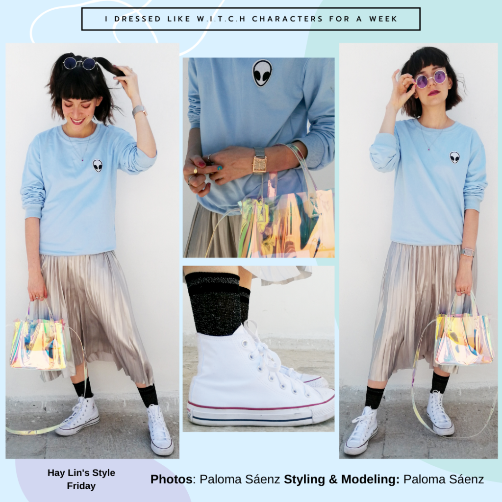 Outfit inspired by Hay Lin from WITCH: Silver skirt, pale blue crew neck sweatshirt, high top Converse, clear purse