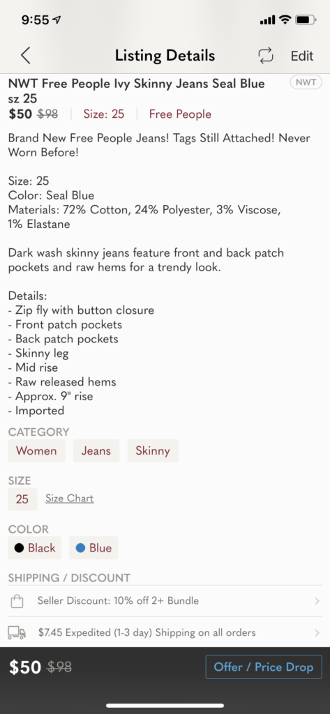 How to sell clothes on Poshmark - listing detail screenshot