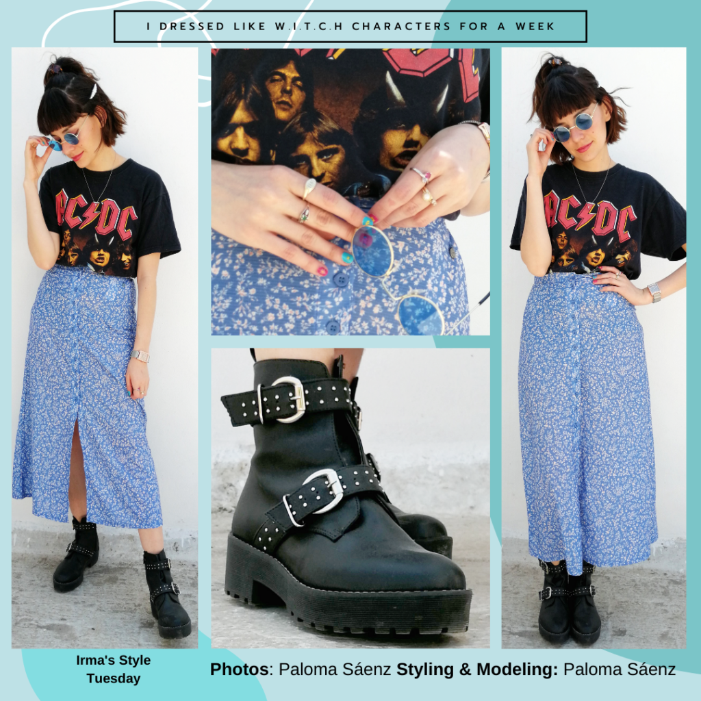 Outfit inspired by Irma's style from W.I.T.C.H.: Floral midi skirt, buckle boots, ACDC tee shirt, sunglasses