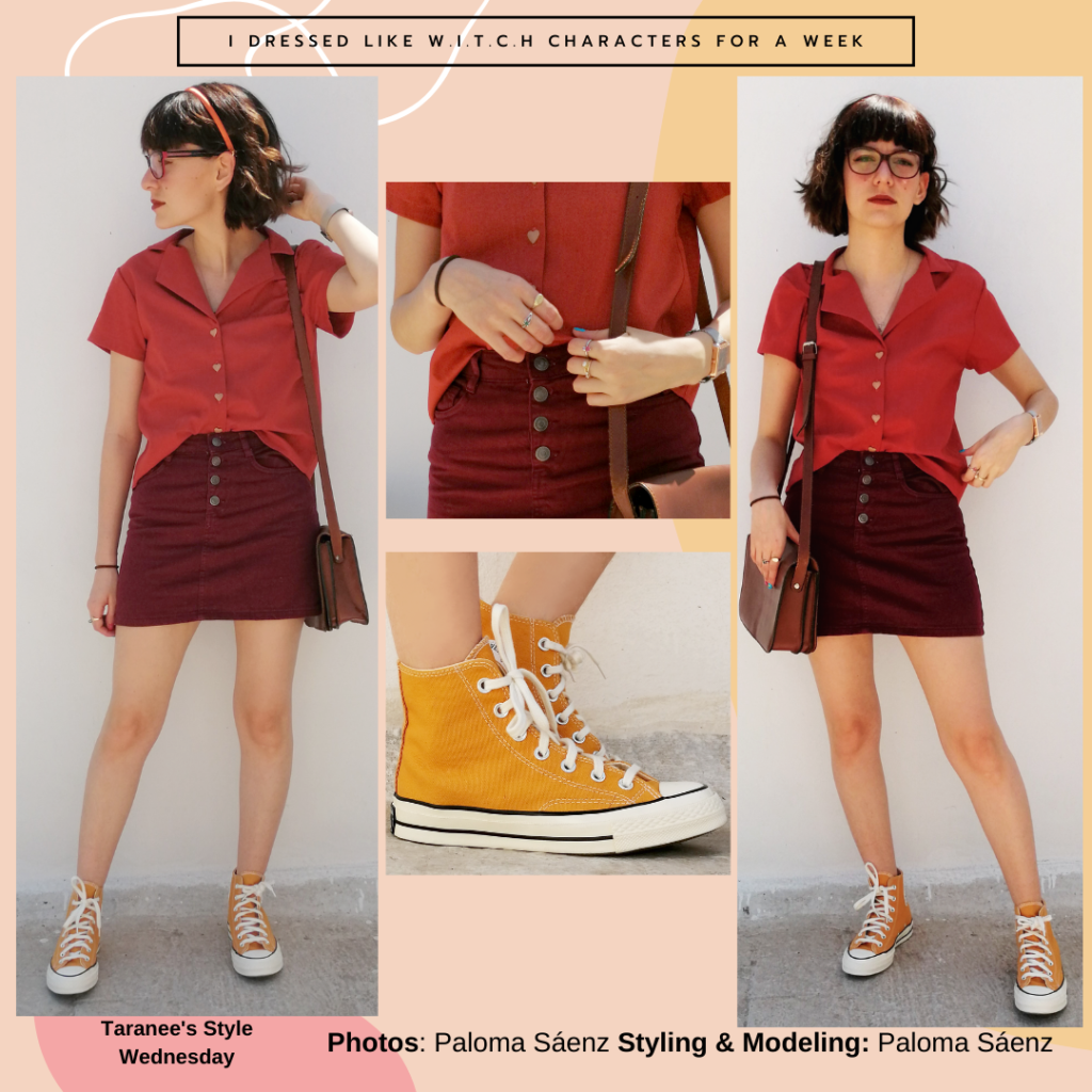 Outfit inspired by Taranee's style from WITCH with burgundy button-front skirt, red button-front t-shirt, yellow Converse high tops, glasses, headband, satchel bag