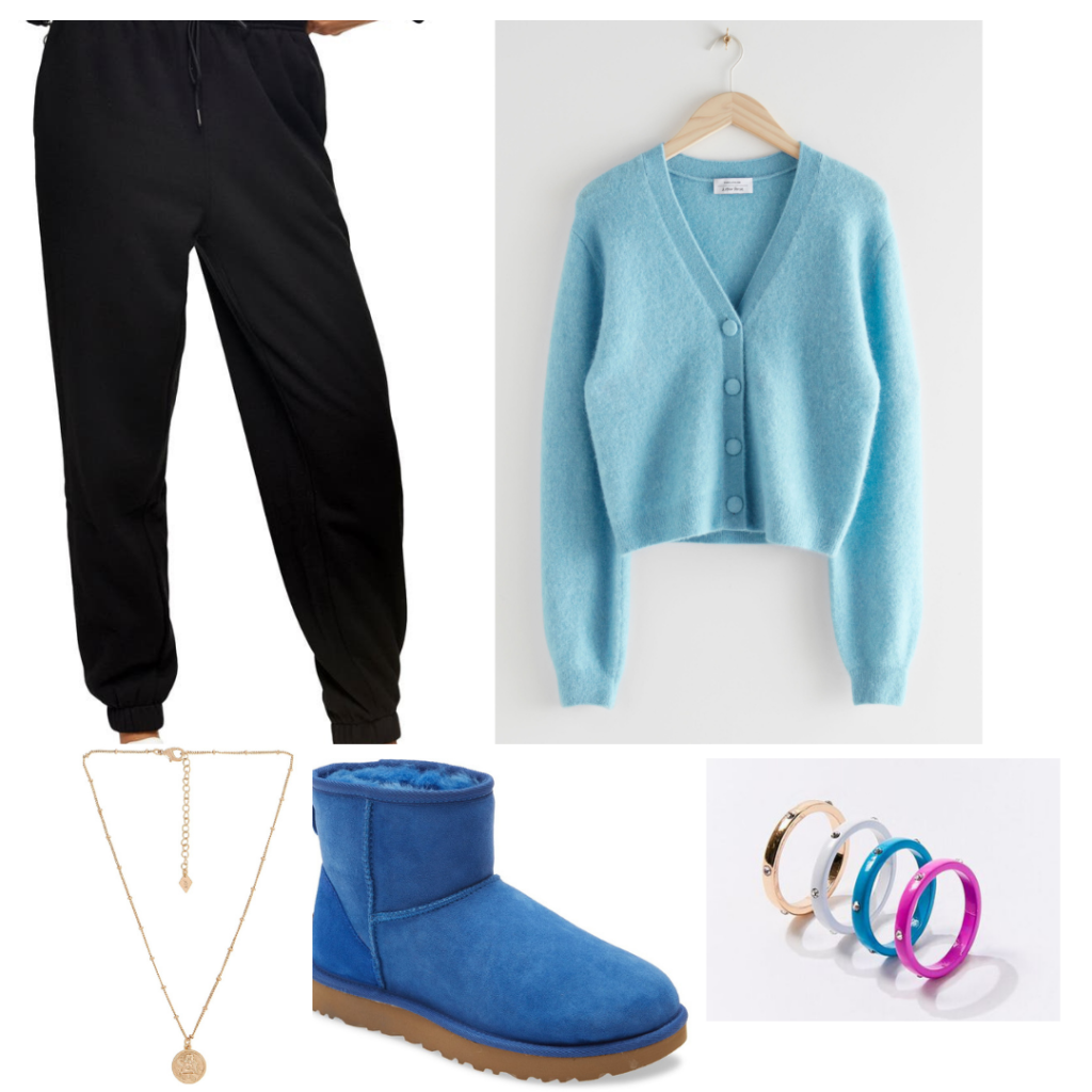 Outfit inspired by Dua Lipa's style with black joggers, blue uggs, enamel rings, and fuzzy cropped cardigan