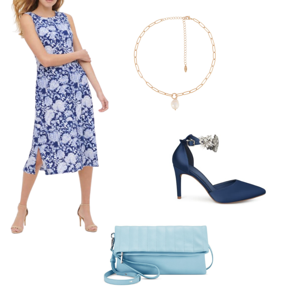 YA book outfits: The Selection outfit with dress, heels, necklace and clutch. 