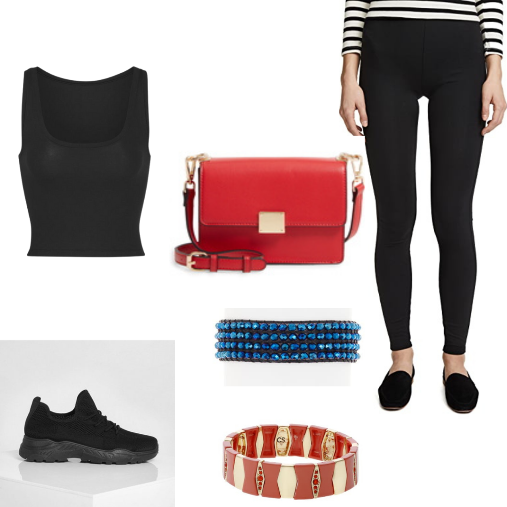 YA book outfits: Legendborn outfit with leggings, vest, handbag, bracelet and sneakers.