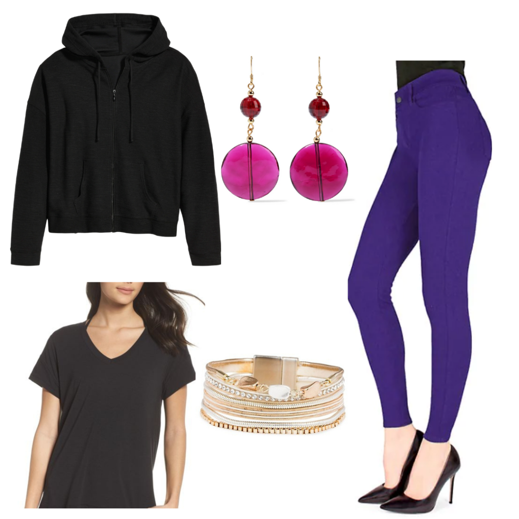 Wings of Ebony outfit with hoodie. leggings, t-shirt, bracelet and earrings.