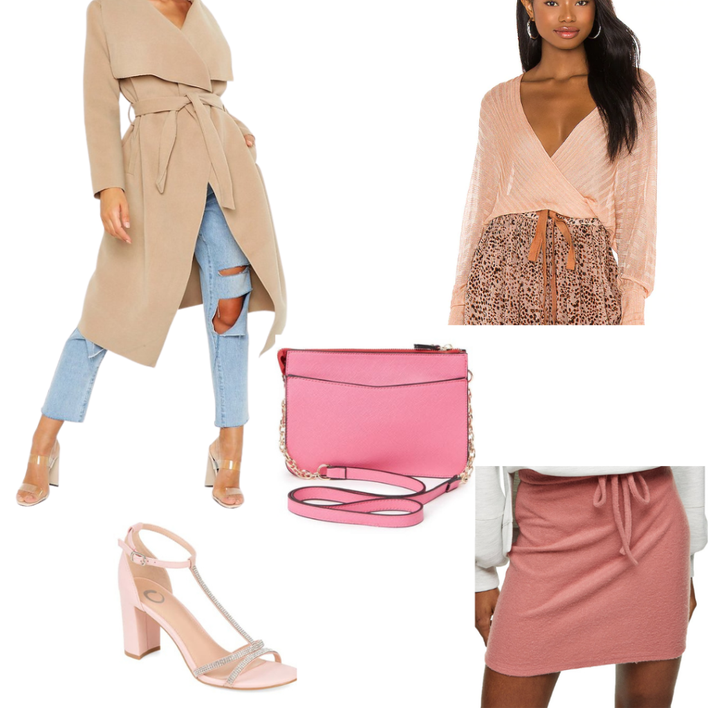YA book outfits: Rent a Boyfriend outfit with trench coat, wrap sweater, handbag, skirt and heels.