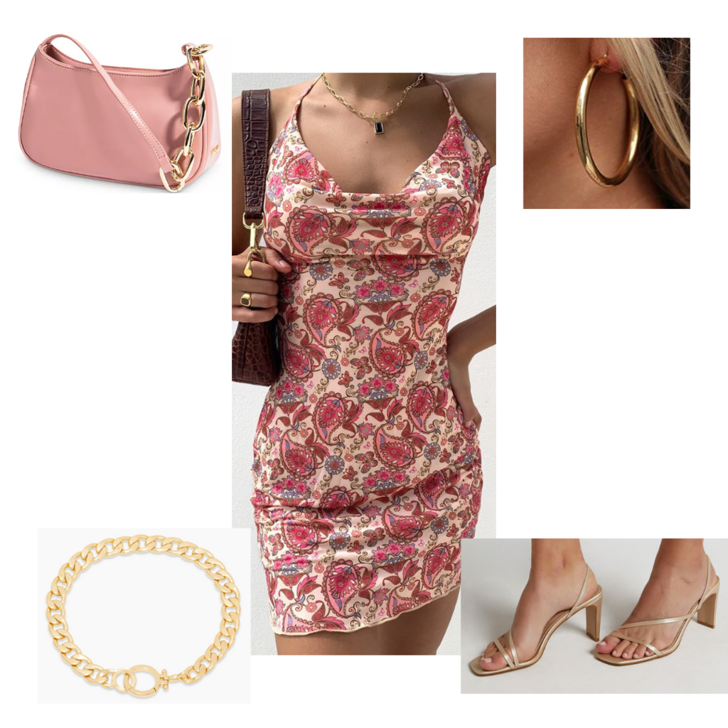 Date night outfit #2: Cute date night look with floral paisley dress, strappy heels, chunky chain necklace, earrings, mini bag