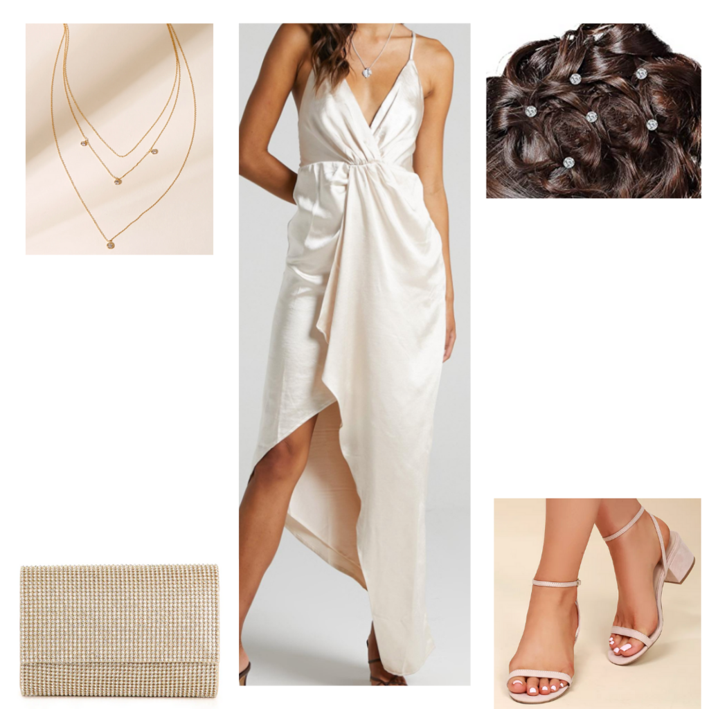 Date night outfit with white satin maxi dress, layered necklaces, strappy heels, clutch, hair jewels