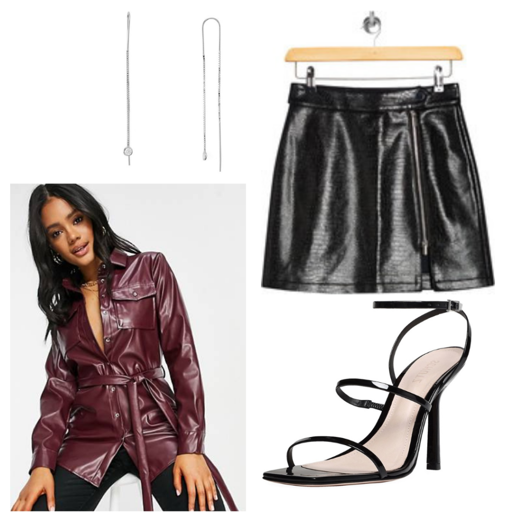 Outfit inspired by Dua Lipa's style with leather shorts, red blazer top, strappy heels, statement earrings