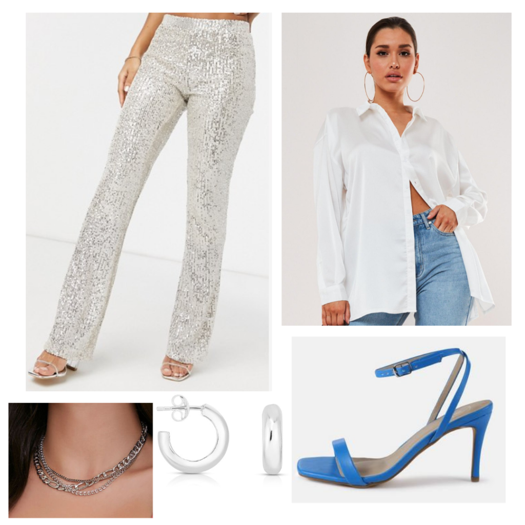 Outfit inspired by Dua Lipa's style with sequin pants, oversized shirt, layered necklaces, blue strappy heels