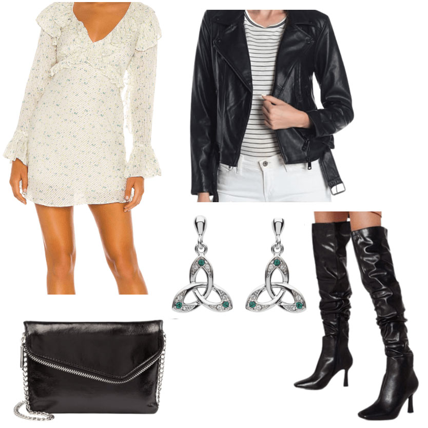 A Dublin outfit, with a short dress, leather jacket, earrings, thigh boots, and black purse.