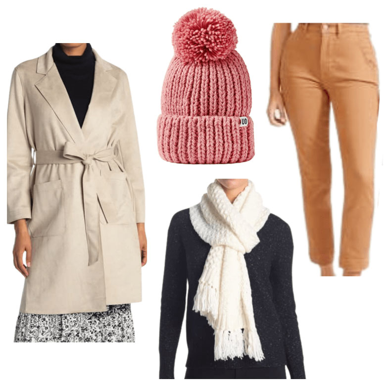 Dublin outfit, with long coat, hat, scarf and trousers.