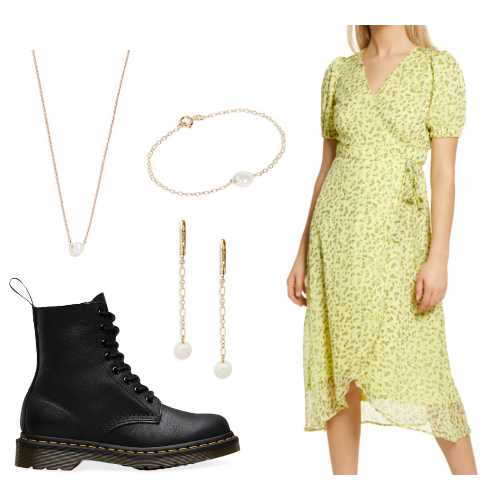 Ginny and Georgia fashion: Outfit inspired by Georgia's style with patterned wrap dress, combat boots, pearl jewelry