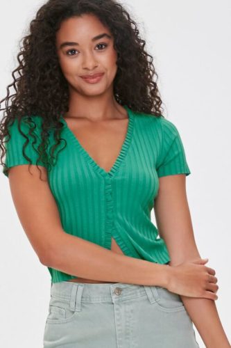 Forever 21 Green Ribbed Ruffle Trim Top