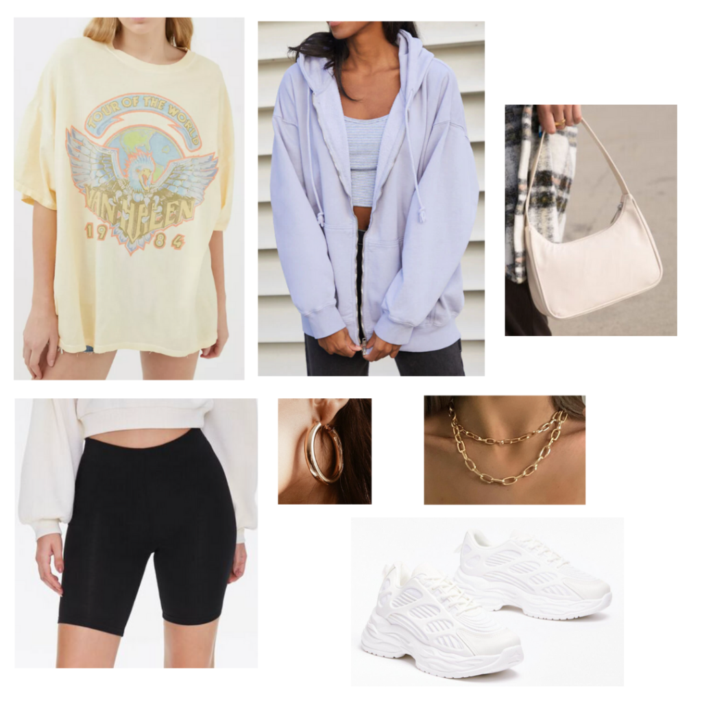 How to style the shoulder bag trend: Outfit idea with black bike shorts, oversized tee, lavender oversized hoodie, white shoulder bag