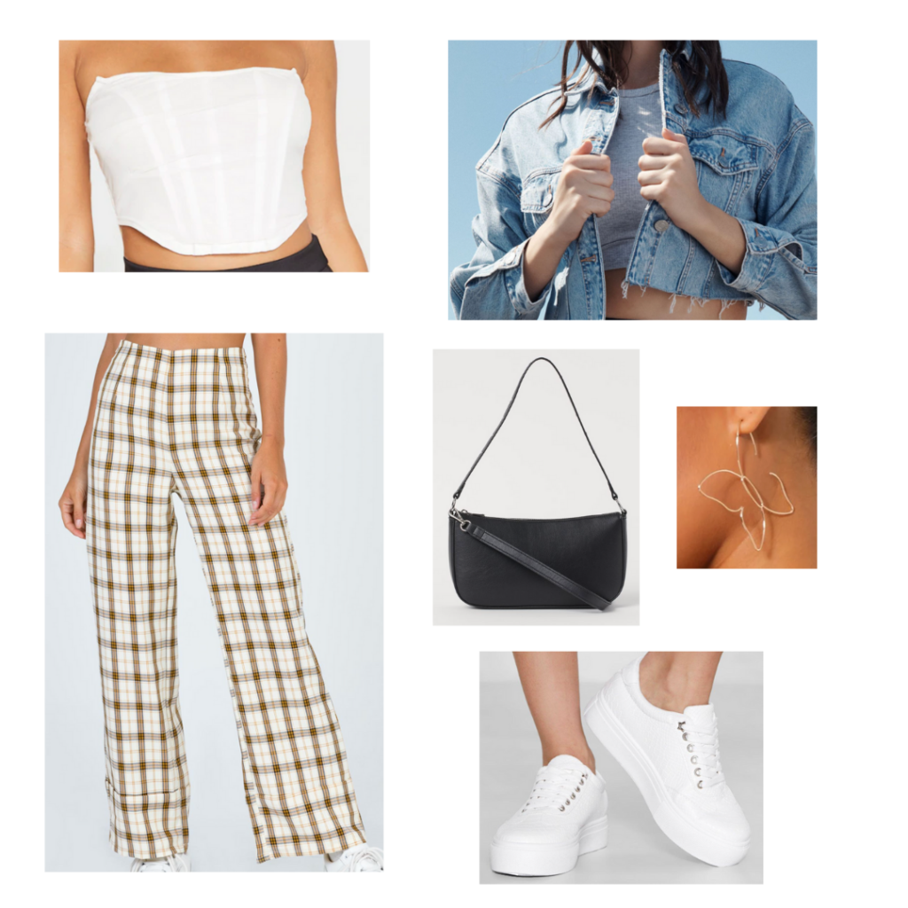 Cute outfit idea for a mini shoulder bag: Wide leg plaid pants, white cropped corset top, cropped denim jacket, black mini bag, chunky white sneakers, butterfly earrings