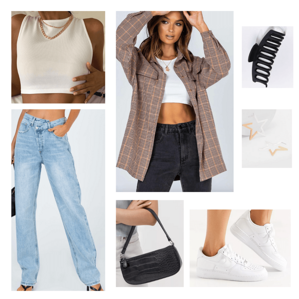 Shoulder bag trend outfit idea: Wide leg jeans, Nike sneakers, white crop top, oversized flannel, star earrings, claw clip