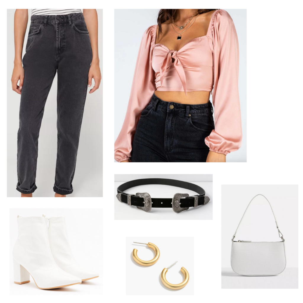 Outfit idea for wearing a mini shoulder bag: High waisted black washed jeans, pink satin crop top, white boots, western belt, mini bag, hoop earrings