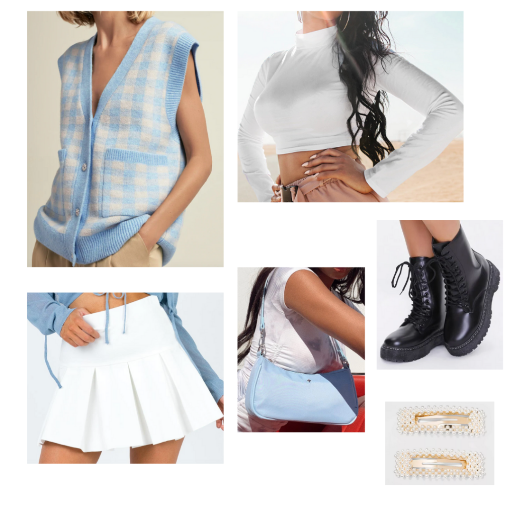 Cute shoulder bag trend outfit idea: White pleated mini skirt, white long sleeve crop top, baby blue sweater vest, baby blue mini bag, chunky boots