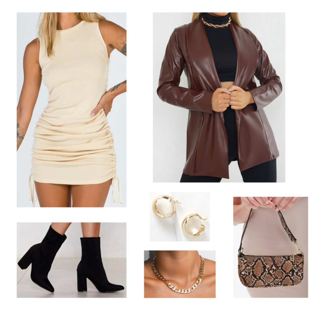 How to wear a mini shoulder bag for a night out: Trendy outfit idea with cream mini dress, oversized leather blazer, black ankle boots, chunky chain necklace, gold hoops, snakeskin mini shoulder bag