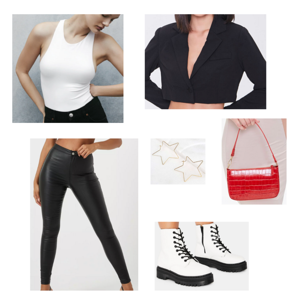 Cute outfit idea with a mini shoulder bag: White seamless bodysuit, cropped blazer, black leather leggings, white combat boots, red snakeskin mini purse, star earrings