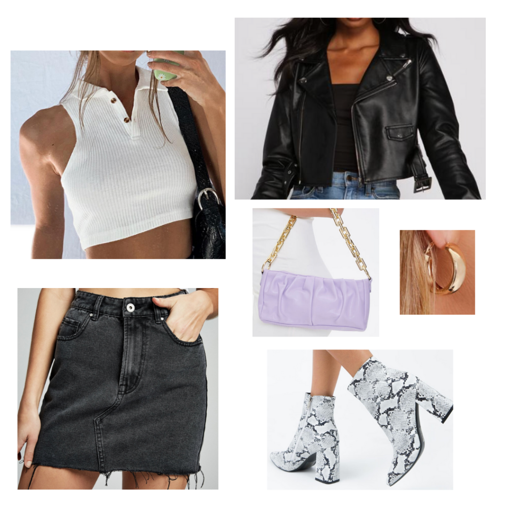 How to wear a mini shoulder bag: Outfit idea with black mini skirt, white crop top, faux leather jacket, chunky ankle boots, purple chain detail mini bag, gold hoops