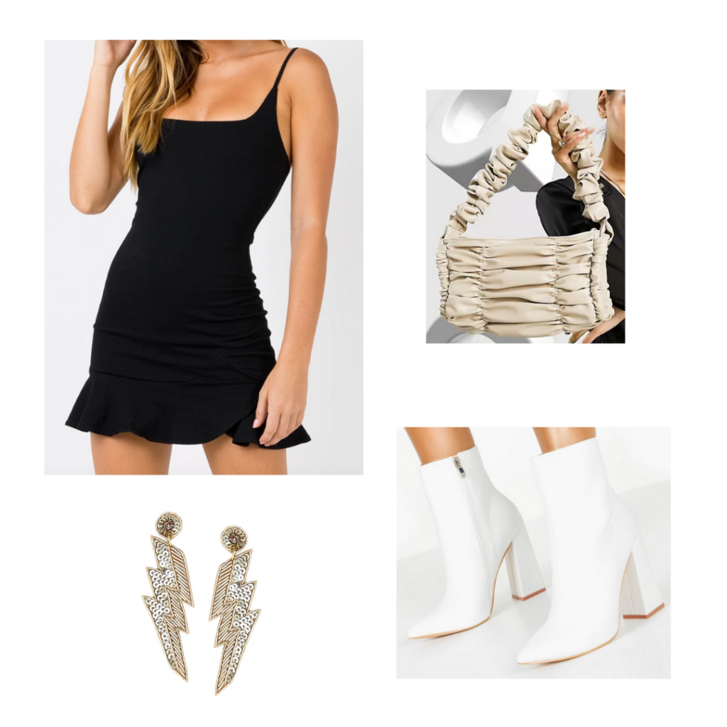 Cute mini shoulder bag trend outfit with white ankle boots, black mini dress, ruffled mini shoulder bag, lightning bolt earrings