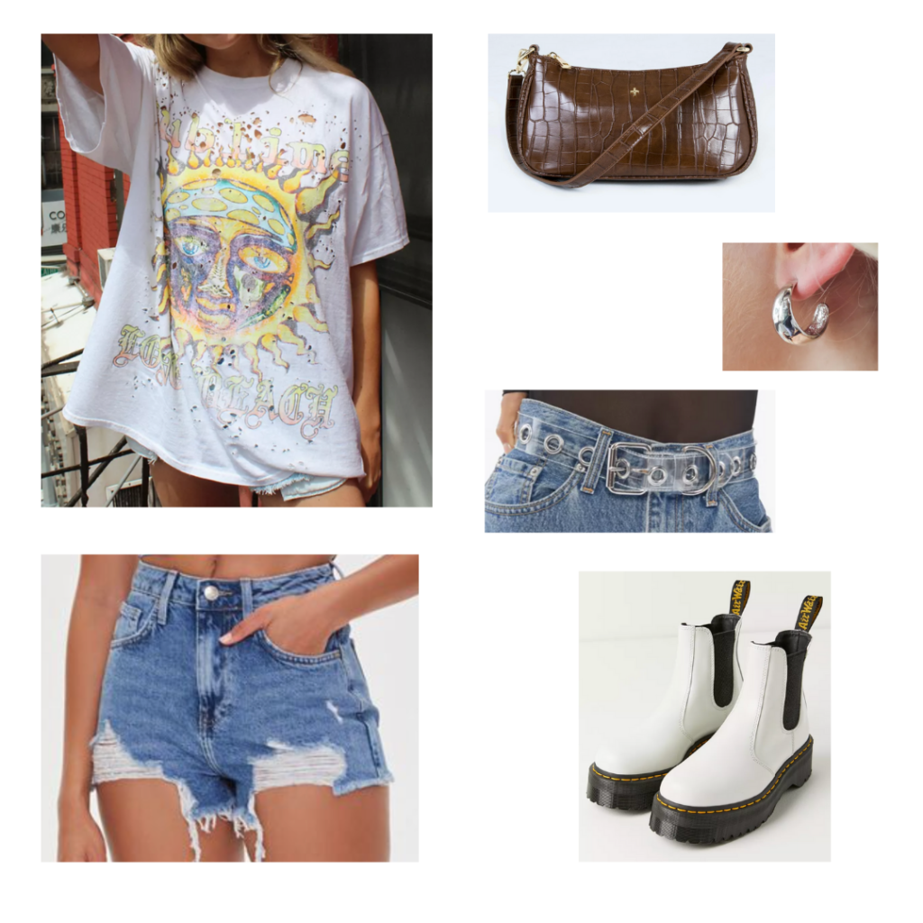 How to wear the shoulder bag trend: Cute outfit idea with ripped denim shorts, oversized band tee, combat boots, clear belt, brown croc mini shoulder bag, silver hoops