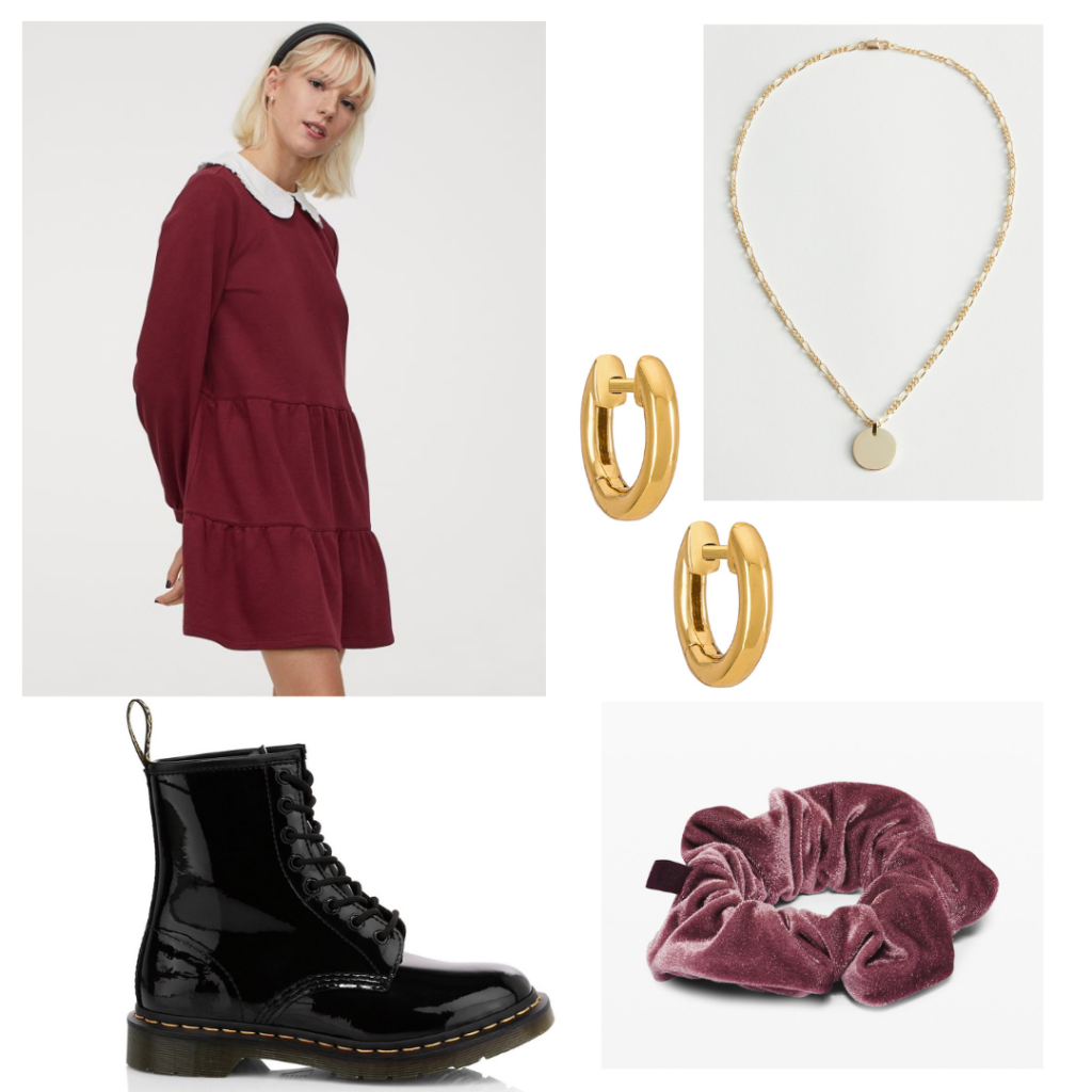 Outfit inspired by Dua Lipa's 1960s style with statement collar dress, velvet scrunchie, combat boots, gold jewelry