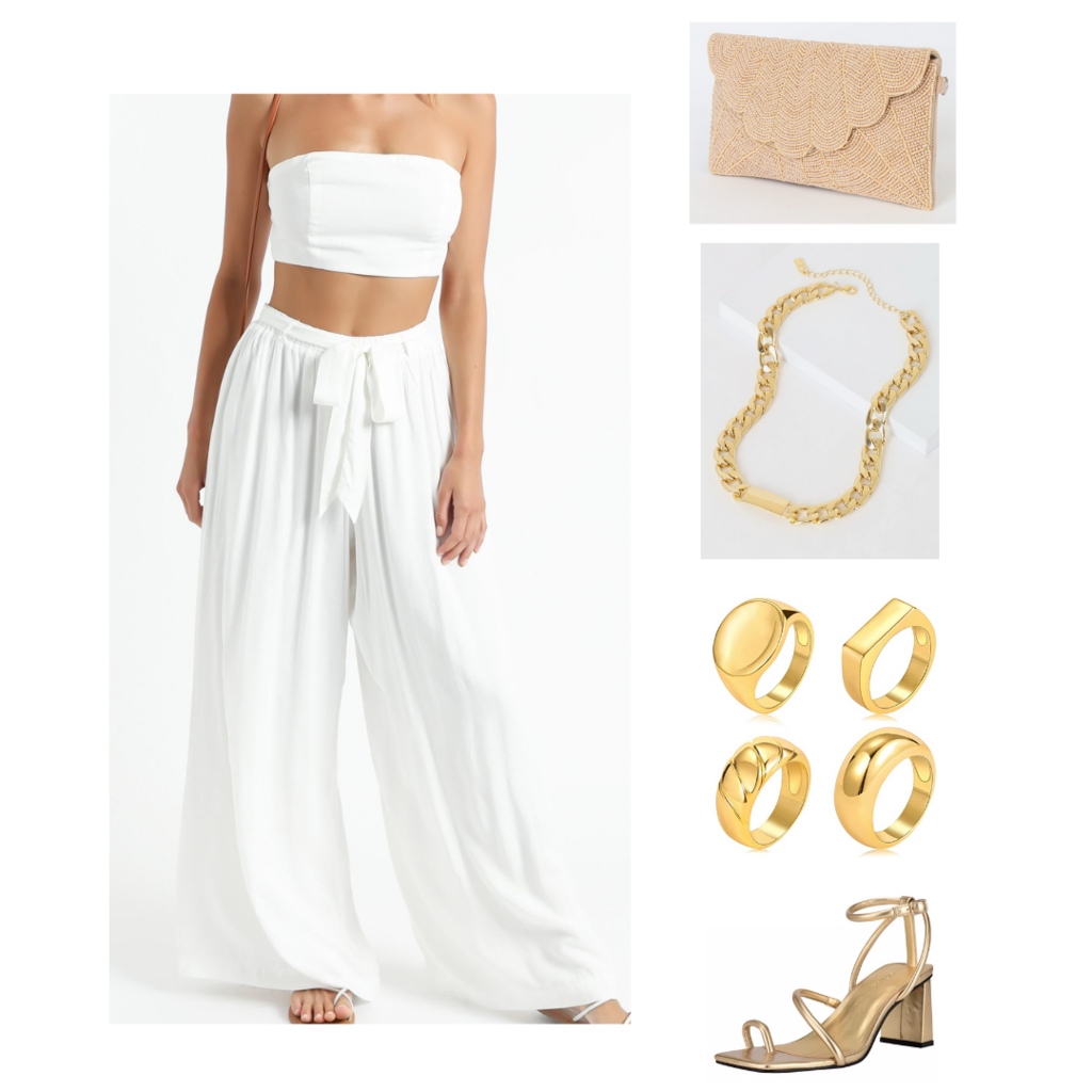 Vacation outfit: Wide leg pants and crop top set, gold jewelry, woven clutch