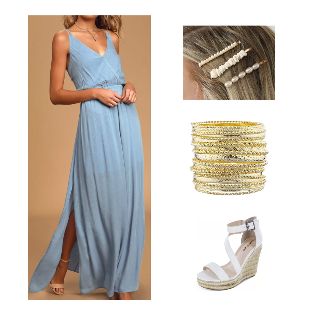 Vacation outfit idea with light blue maxi dress, gold bangles, chunky heel espadrilles, pearl barettes