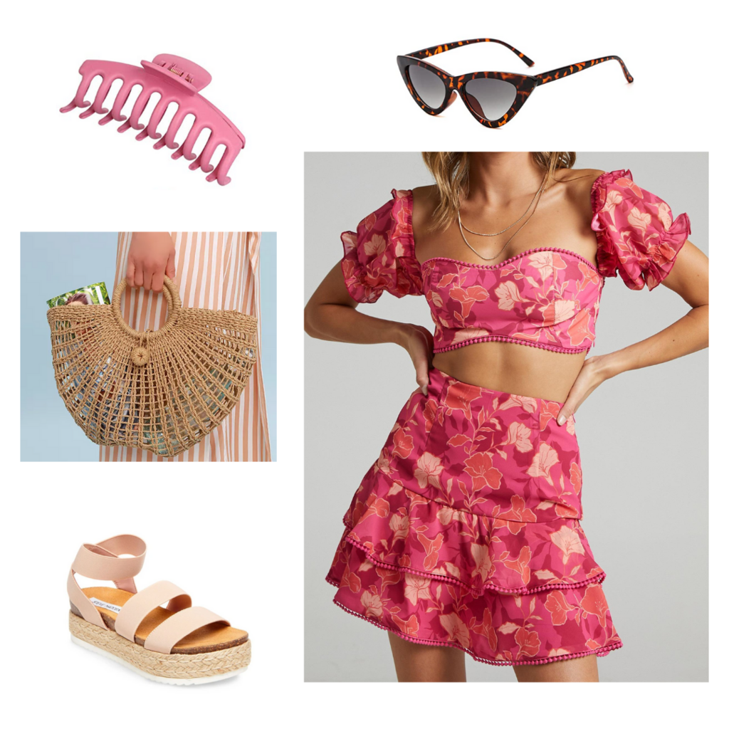 Vacation outfit for 2021 with floral two-piece set, platform espadrille sandals, woven bag, pink claw clip, tortoiseshell cat eye sunglasses