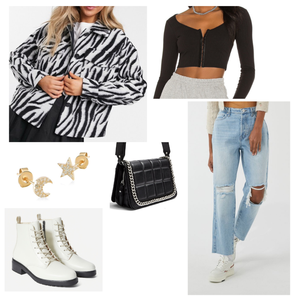 Outfit 3: zebra print workwear coat, black bustier top with long sleeves, distressed boyfriend jeans, white lace-up booties, black purse