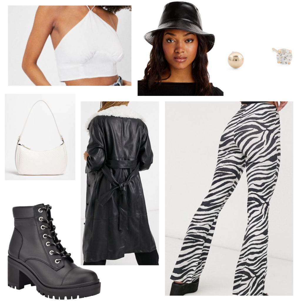 Outfit 2: zebra print stretchy bell bottom pants, white halter crop top, black leather trench jacket, leather bucket hat, white accessories