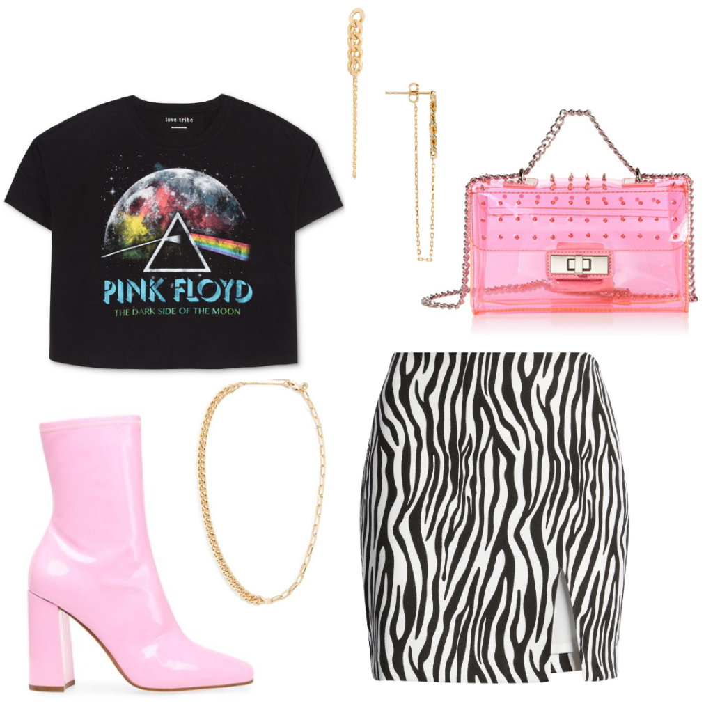 Outfit 4: zebra print a-line skirt with slit, printed Pink Floyd crop top, translucent pink bag with chain strap, pink booties