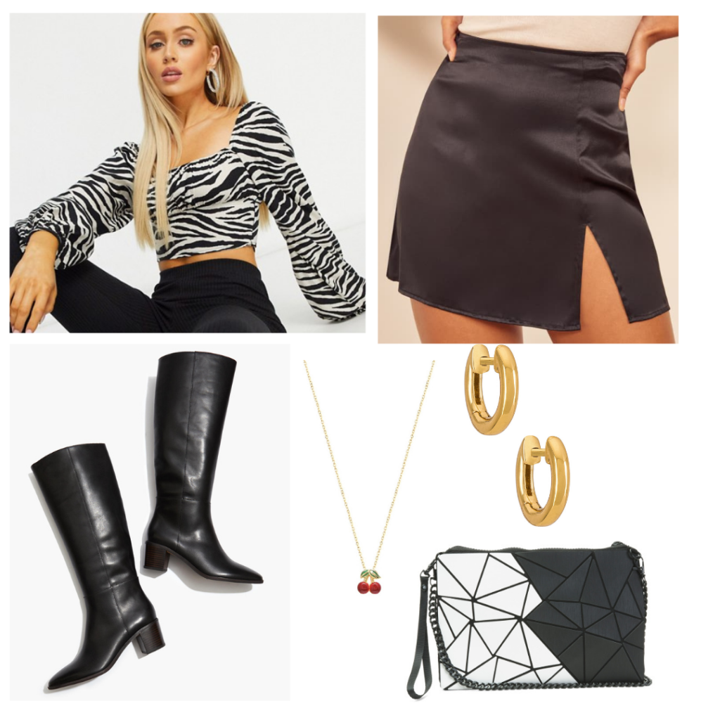 Outfit 1: zebra print crop top with flowy sleeves, black satin a-line skirt with slit, black boots with a chunky heel, gold jewelry 