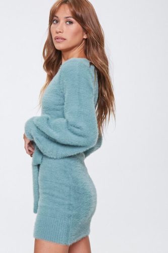 Blue fuzzy sweater mini dress