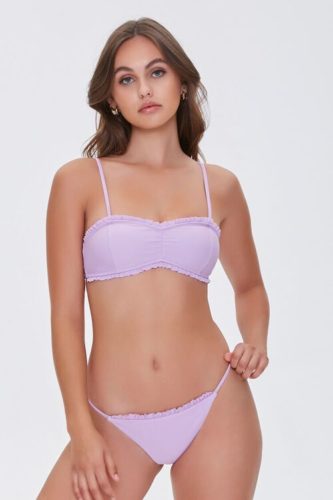 Lavender bikini with ruffle detailing on the top and bottom