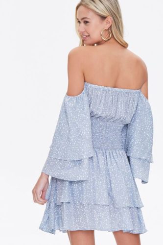 Blue ruffle printed off the shoulder dress