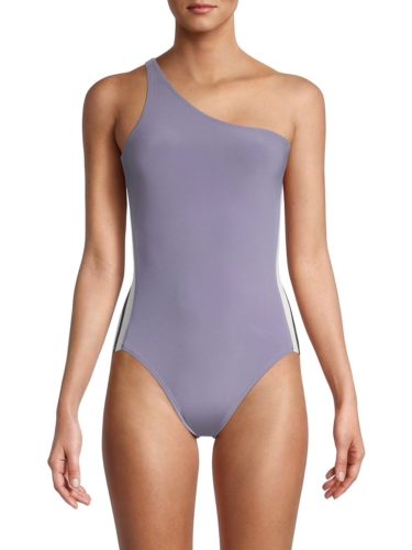 Dusty blue one piece bathing suit with asymmetrical neckline and white stripes on the sides