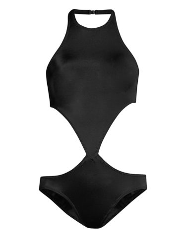 Black side cutout one piece bathing suit with high neck