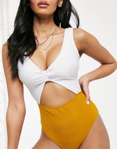 White and mustard yellow cutout monokini